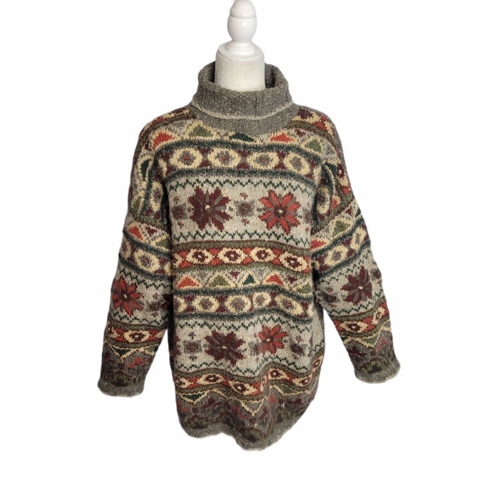VINTAGE 90s Express fair isle wool angora mohair turtleneck oversized sweater M